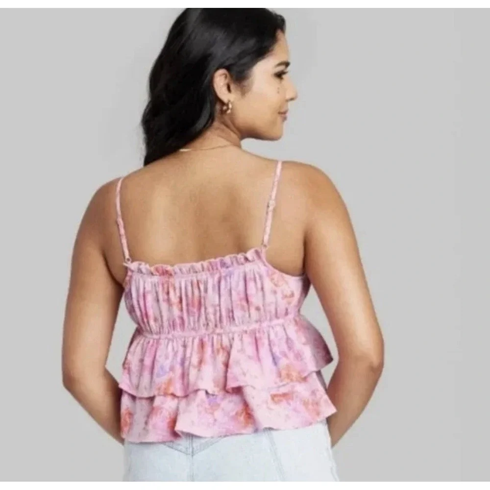 Wild Fable Womens Small Tiered Ruffle Tank Top in Light Pink Butterfly Print - Picture 2 of 12